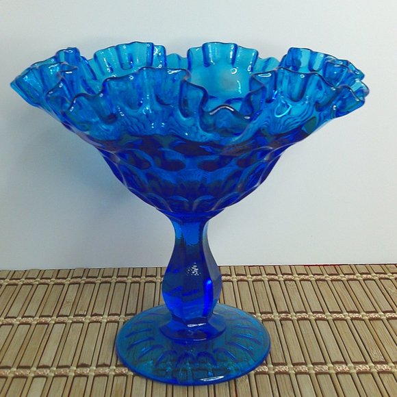Fenton Other - Vintage Fenton Glass Aqua Blue Ruffled Thumbprint Compote Candy Dish 7”H x 8”W